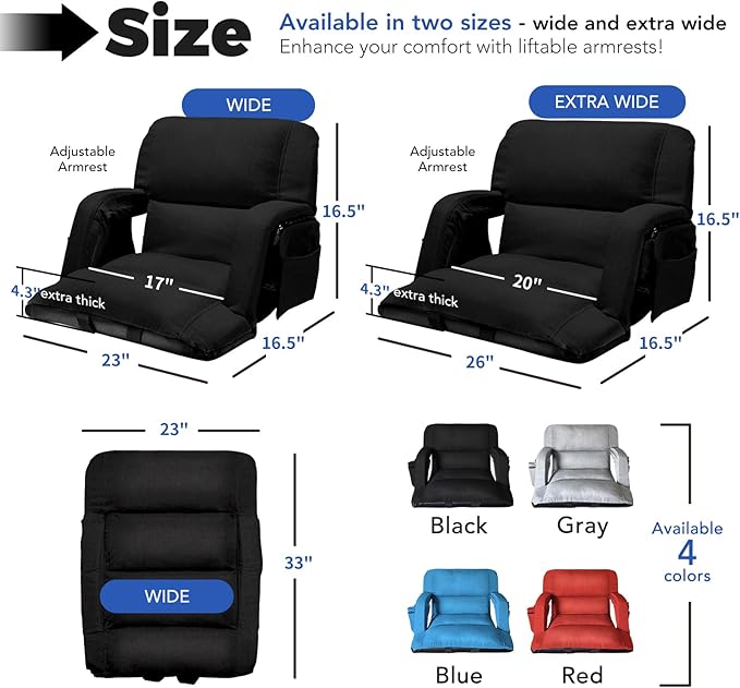 Wide Stadium Seats With Back Support, Exclusive "Sofa Style" Design Extra Thick Bleacher Chairs With Back and Cushion, 6 Reclining Positions - Ultimate Comfort for Sports Events (Black, 22.5")