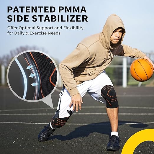 CAMBIVO Knee Brace for Women and Men with Side Stabilizer 2 Pack, Lightweight Knee Compression Sleeves for Knee Pain Relief, Knee Sleeves for Running, Workout and Daily Activities (Orange, Medium)