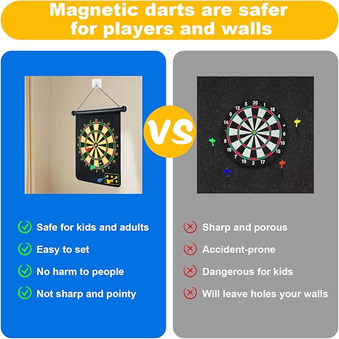 Magnetic Dart Board with 24pcs Darts,Indoor Outdoor Dart Game for Kids and Adults，2in1 Rollup Safe Dart Flights Toys Set for 3-12 Year Old Boys Girls Christmas Birthday Gifts