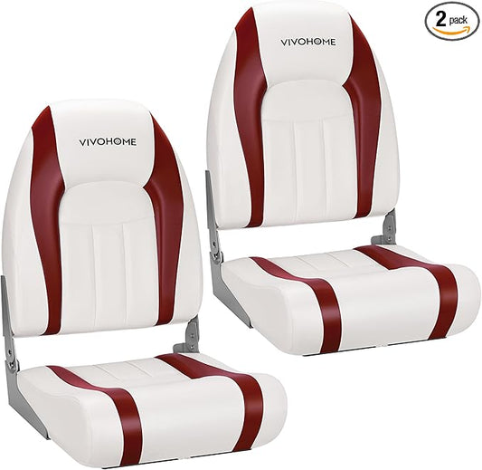 VIVOHOME Folding High Back Boat Seats 2 Pack, Waterproof Boat Captain Chairs, 4 Mounting Screws Included, White and Red