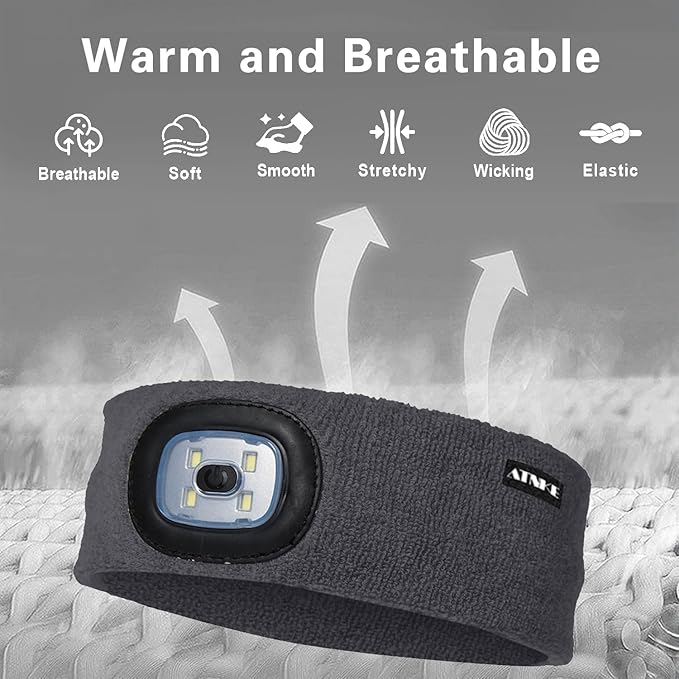 ATNKE 4 LED Lighted Sport Sweatband,USB Rechargeable Running Head Band Lamp High Stretch Wicking Gifts for Men and Women