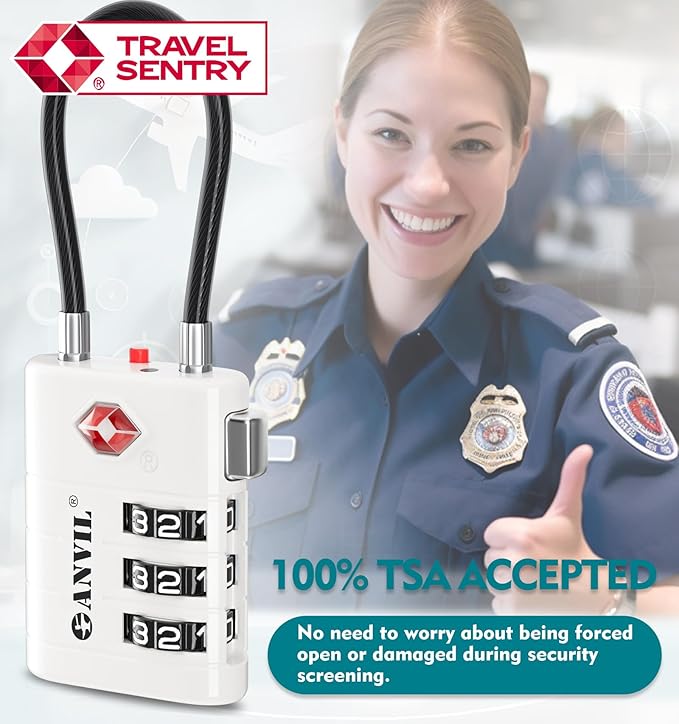 ANVIL TSA Approved Luggage Locks – High Security TSA008 Combination Travel Locks with Inspection Indicator for Suitcases and Backpacks. (3, White)