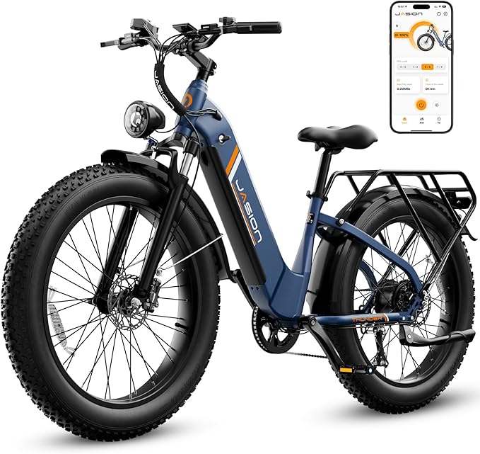Jasion Thunder Electric Bike, 1500W Peak Motor, 30+MPH Max Speed & 80 Miles with 486Wh Removable Battery, APP Control Ebike for Adults, Hydraulic Brakes, Front Suspension, 26'' x 4'' Fat Tire Bicycles