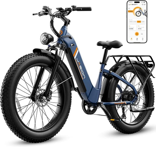Jasion Thunder Electric Bike, 1500W Peak Motor, 30+MPH Max Speed & 80 Miles with 486Wh Removable Battery, APP Control Ebike for Adults, Hydraulic Brakes, Front Suspension, 26'' x 4'' Fat Tire Bicycles