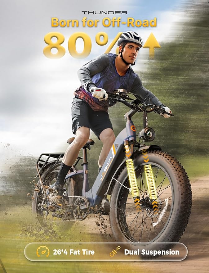 Jasion Thunder Electric Bike, 1500W Peak Motor, 30+MPH Max Speed & 80 Miles with 486Wh Removable Battery, APP Control Ebike for Adults, Hydraulic Brakes, Front Suspension, 26'' x 4'' Fat Tire Bicycles