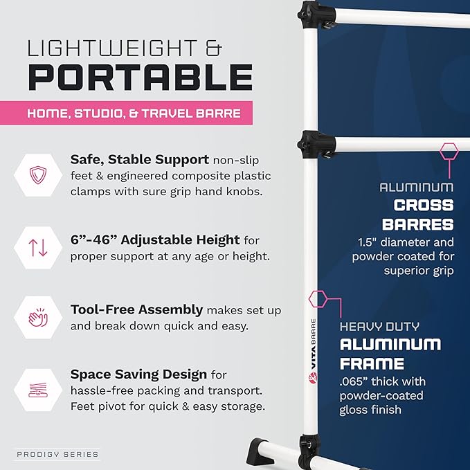 VITA Barre Portable Freestanding Double Ballet Barre, Prodigy, with Carry Bag | Adjustable Height, USA Made, Home or Gym Exercise Equipment for Kids & Adults | Dance, Fitness, Pilates