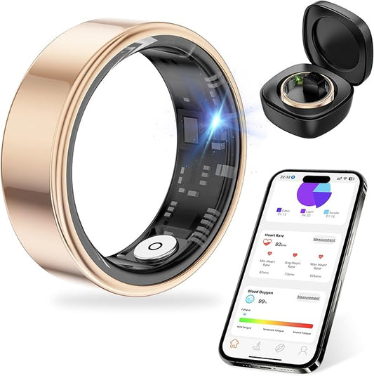 Thin Smart Ring for Fitness & Health Tracking -Heart Rate/Blood Oxygen Monitor, 5ATM Waterproof, Sleep Analysis, Pedometer -No APP Subscription Compatible with Smartphone (Rose Gold, 8)
