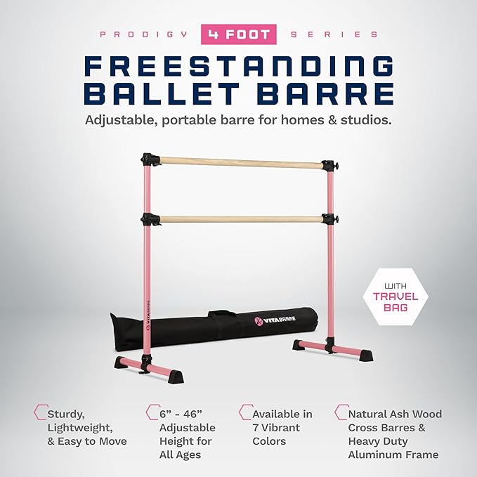 VITA Barre Portable Freestanding Double Ballet Barre, Prodigy, with Carry Bag | Adjustable Height, USA Made, Home or Gym Exercise Equipment for Kids & Adults | Dance, Fitness, Pilates