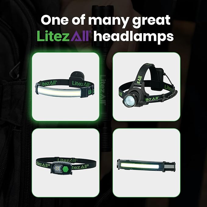 LitezAll Tactical LED Headlamp with Adjustable Headband, Flat Battery Powered Headlamp for Hiking, Camping, Emergency Use – Hands-Free Outdoor Light for Camping Lights & Lanterns Setups