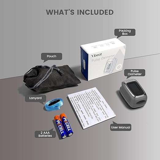 Vibeat Fingertip Pulse Oximeter with Bluetooth, Blood Oxygen Saturation Monitor with APP, Finger SPO2 Meter with Batteries and Lanyard, Gray