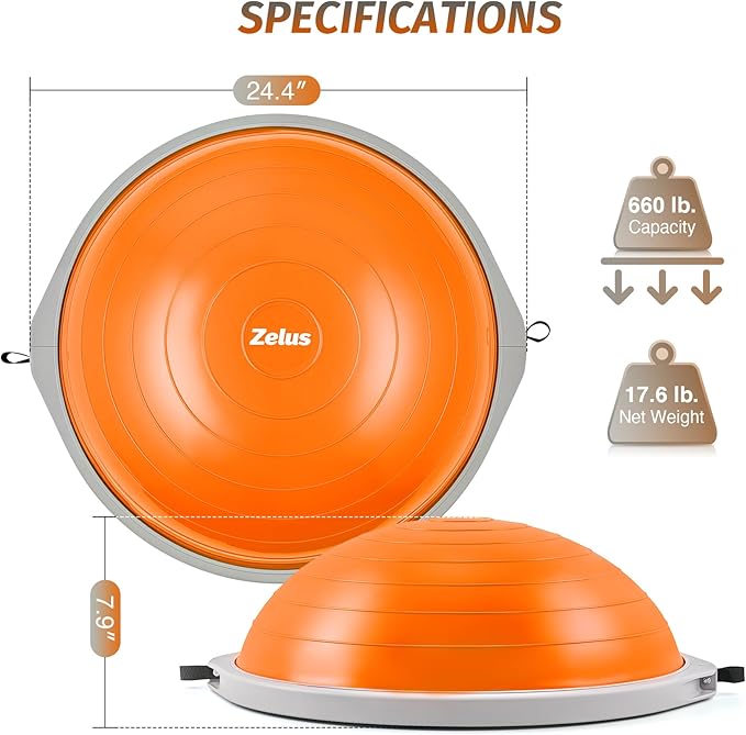 ZELUS 25in. Balance Ball | 660lb Inflatable Half Exercise Ball Wobble Board Balance Trainer w Nonslip Base | Half Yoga Ball Strength Training Equipment w 2 Bands, Pump, Extra Ball Included