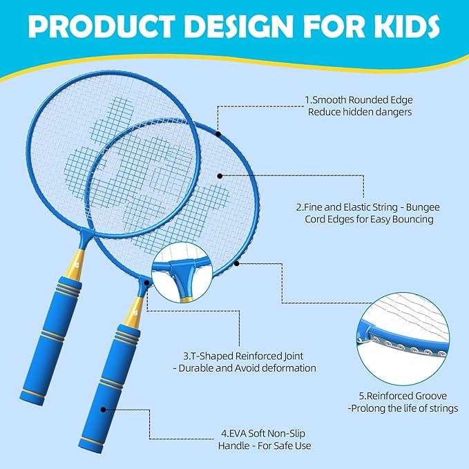 JOY SPOT! Kids Badminton Rackets Set with Soft Grip, Oversize & Lightweight Shuttlecocks Racquet with Carry Bag for Children Youth, 2 Player Sport Game for Indoor Outdoor Backyard