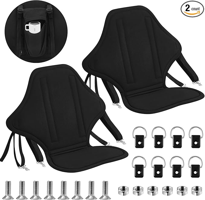 Lewtemi 2 Pack Padded Kayak Seat Fishing Boat Seat with Storage Bag 8 Fixed D Rings Screws Detachable Paddle Board Chair Canoe Chair with Adjustable Back Strap for Summer Canoe Universal Sit