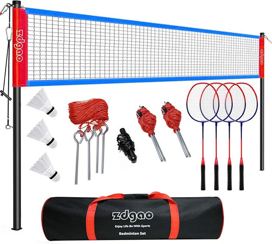 Zdgao Badminton Sets for Backyard, Portable Badminton Net with Tension Adjuster, Badminton Racket Set of 4, 3 Nylon Shuttlecocks, Boundary Line and Carry Bag for Backyard Beach Family Games