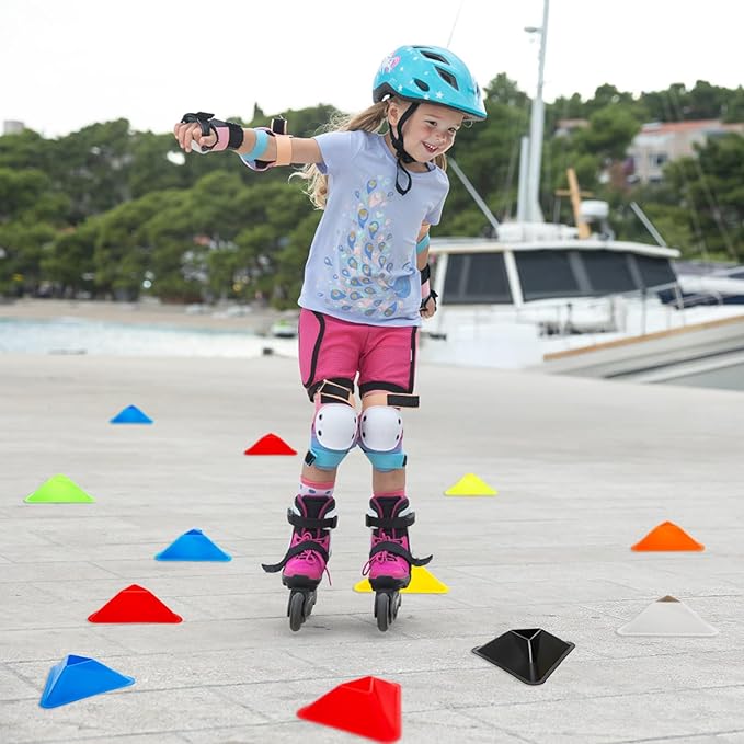 48 Pack Triangle Soccer Cones, Flexible Agility Cones with Carry Bag and Strap, Sports Drill Cones for Training, Plastic Traffic Marker Cones for Football Basketball Coaching, 8 Colors