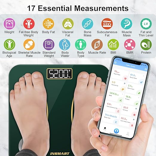 INSMART Smart Scale for Body Weight, Digital Bathroom Scale with BMI, Muscle Mass, Bluetooth Body Fat Scale,17 Body Composition Analyzer with Smart APP Sync Weight Scale, 400 lbs (Green)