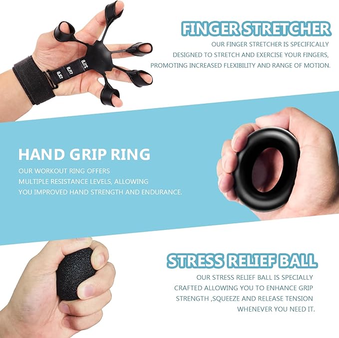 5 PCS Grip Strength Trainer Kit, Hand Gripper Strengthener, Forearm Strengthener, Finger Strengthener, Finger Exerciser, Stress Relief Ball, Forearm Workout Ring for Muscle Building and Injury Recover