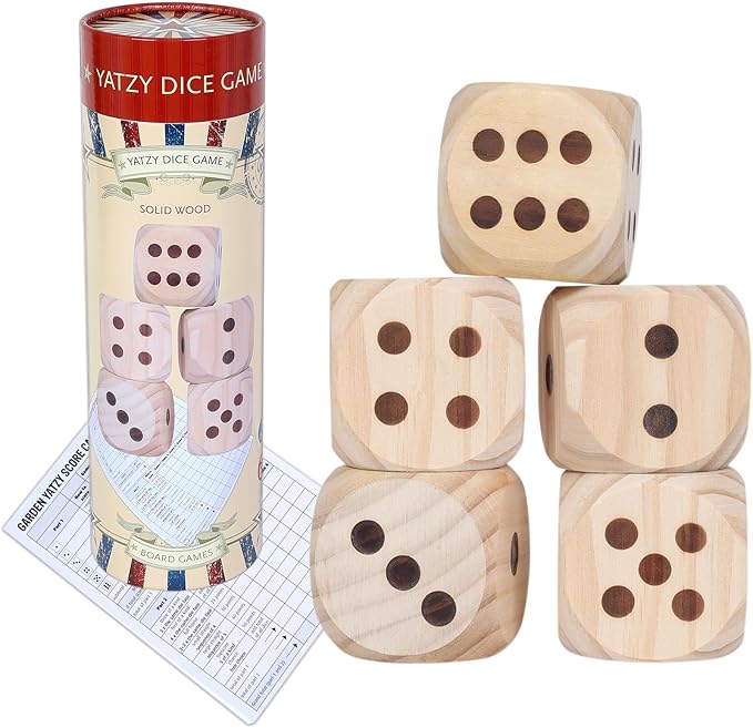 GOTHINK Large Wooden Yard Dice Game Set, Get The Party Started with 5 PCS Wooden Yard Dices - 2.1 Inches, Perfect for Outdoor Fun and Games, Includes Scoreboard and Storage Box