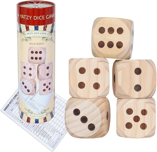 GOTHINK Large Wooden Yard Dice Game Set, Get The Party Started with 5 PCS Wooden Yard Dices - 2.1 Inches, Perfect for Outdoor Fun and Games, Includes Scoreboard and Storage Box