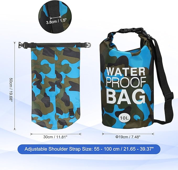 Waterproof Dry Bag, 10L Fit for Women Men Water Proof Bags Lightweight Dry Storage Floating Backpack with Whistle for Travel Boating Kayaking (Sky Blue Camouflage)