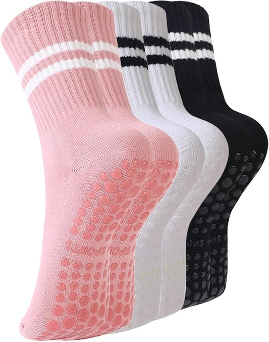 BONANGEL Pilates Socks with Grips for Women, 3 Pairs Womens Grippy Yoga Ballet Barre Hospital Gym Athletic Socks