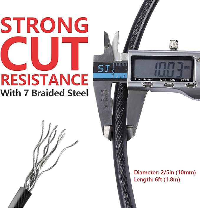 DELSWIN Security Steel Cable with Loops - 6ft, 15ft Heavy Duty Bike Steel Cables 3/8 inch Thick Vinyl Coated Braided Lock Cable for Bicycle, Generator, Kayak, Patio Furniture