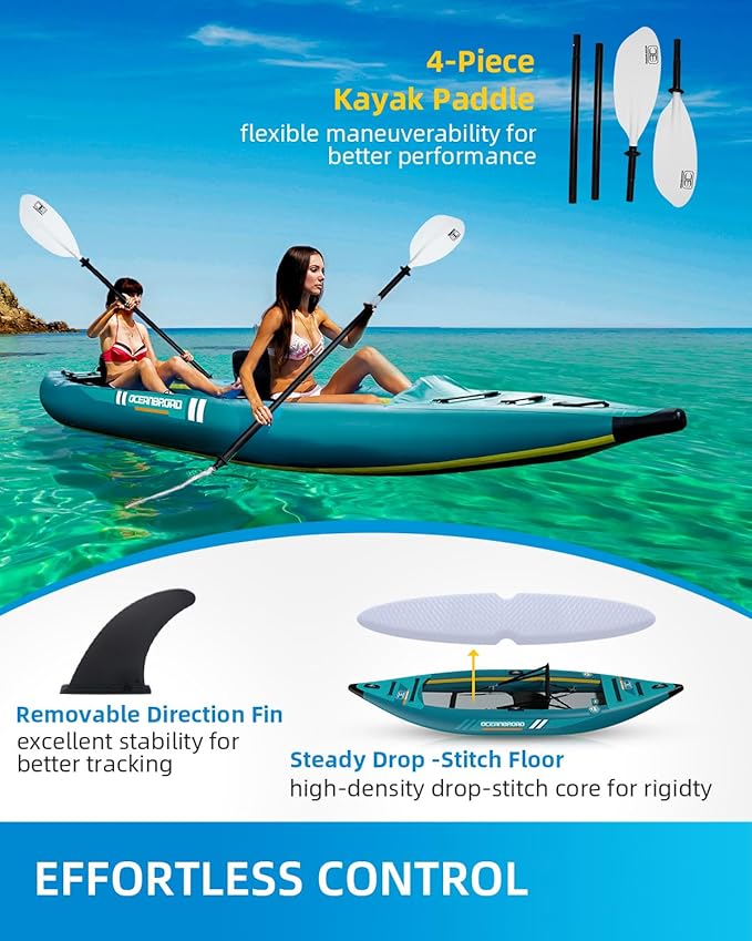OCEANBROAD Inflatable Sit-in Kayak, 1 Person/2 Person Blow Up Kayak for Adults with Paddle, Kayak Seat, Pedal, Hand Pump and Bag, Blue/Sky Blue