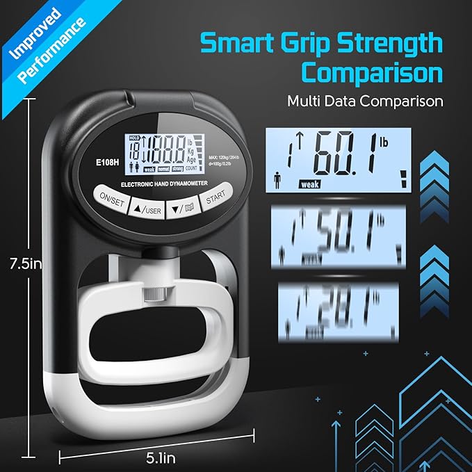 Grip Strength Tester Hand Dynamometer - Grip Strength Trainer Electronic Hand Gripper Strengthener Wrist Exerciser Meter Digital Training Gauge 265 Lbs / 120 Kgs for Sport School Home Use