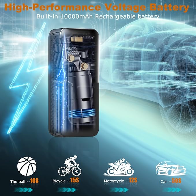 Tire Inflator Portable Air Compressor 150PSI & 10,000mAh Battery,Cordless 12V Mini Air Pump with Digital Pressure Gauge, Air Pump for Auto Shut-Off for Car, Motorcycle, Bike, SUV, Balls