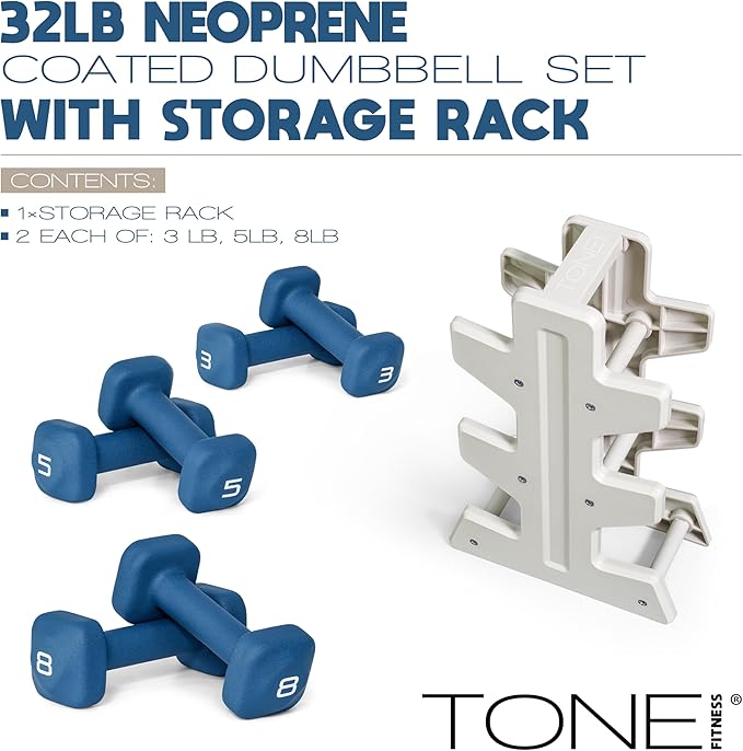 Tone Fitness Neoprene Dumbbell Set with Storage Rack – Non-Slip, Anti-Roll Hand Weights for Home Gym Workouts | 20 lb, 32 lb, & 50 lb Options