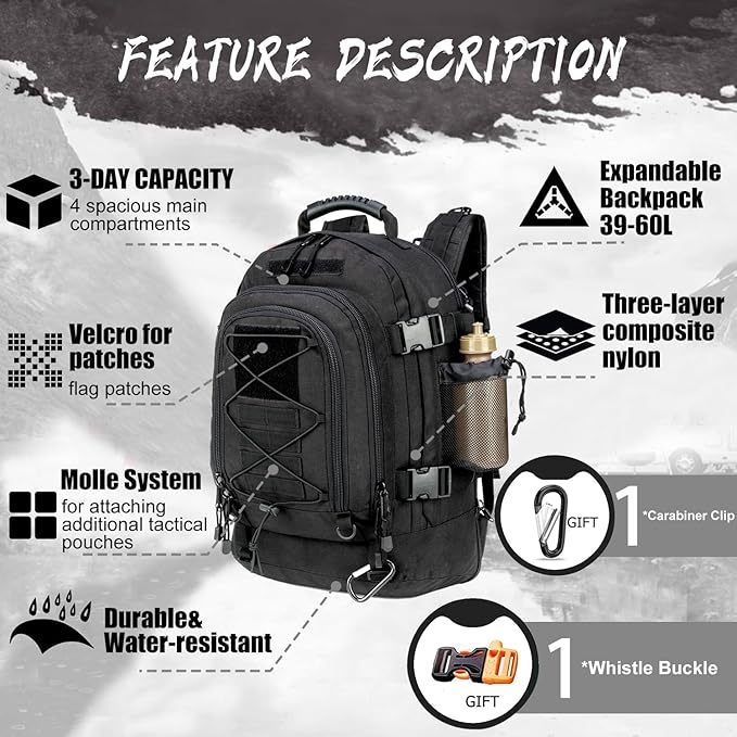 Expandable 40-64L Military Tactical Backpack 3 Day Bag Hiking Gym Sport Camping