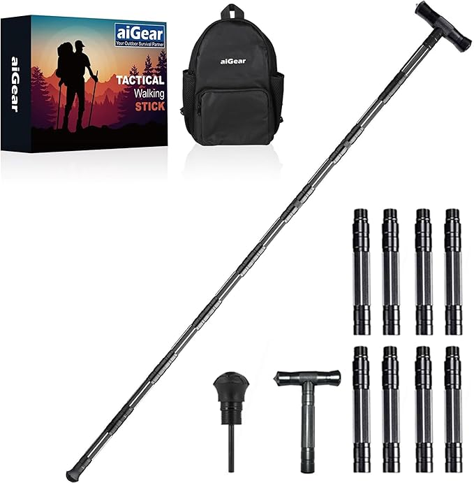 aiGear Hiking Walking Stick with 3 Survival Tool Tactical Walking Staff Adjustable Outdoor Trekking Poles for Survival Camping Hiking