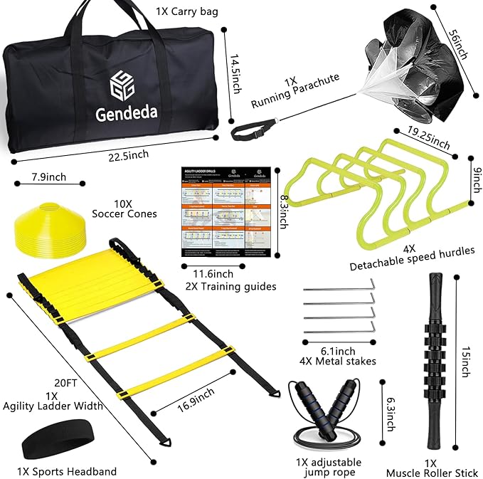 Agility Ladder Speed Training Equipment Set-20ft Agility Ladder 4 Adjustable Hurdles Running Parachute Jump Rope Speed Training Equipment for Soccer Football Basketball