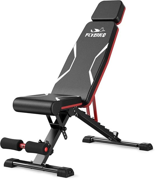 FLYBIRD Adjustable Weight Bench Fits up to 6'5'', 750LBS Capacity for Full Body Workout, 27LBS Sturdy Foldable Bench Press for Home Gym, 5X Stable Lifting Bench Incline Decline Flat Dumbbell Exercise
