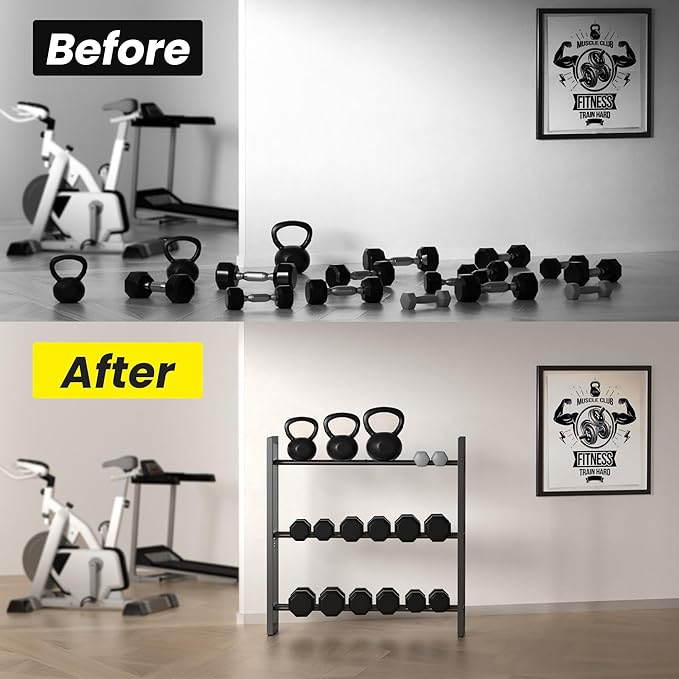 Pickpiff Adjustable 3-Tier Dumbbell Rack – Heavy-Duty Metal Weight Storage Stand for Dumbbells, Kettlebells, and More – Space-Efficient Home Gym Organizer – 360 lb Capacity (Dumbbells Not Included)