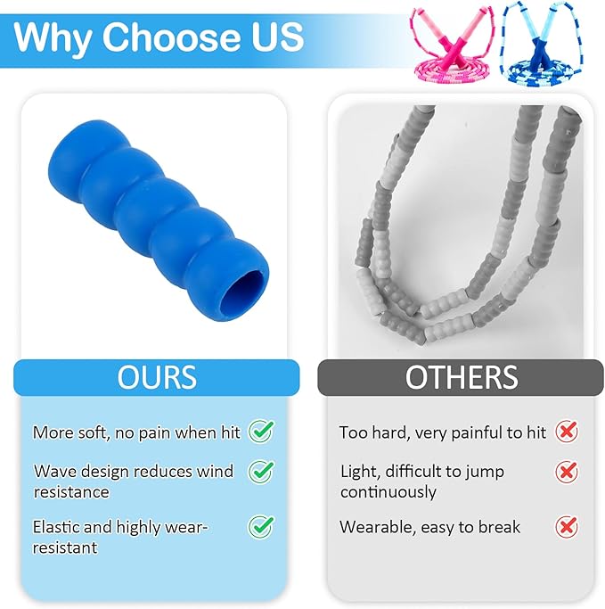 Jump Rope for Kids, Adjustable Jump Ropes for 4 5 6 7 8 10 12, Tangle Free Jumping Rope Age 8-12, Segmented Soft Beaded Skipping Rope for Women Fitness