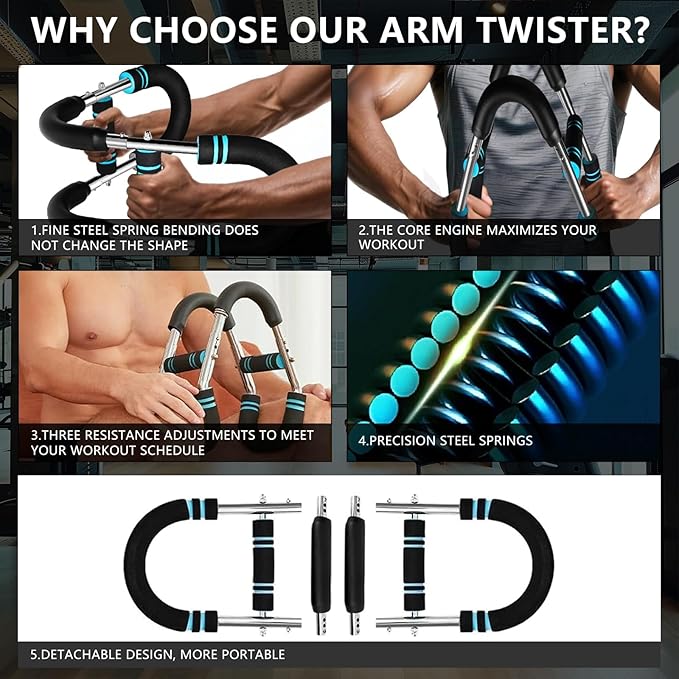 Twister Arm Trainer, Adjustable Chest Exerciser with 4 Spring, Detachable Power Twister Bar for Men Women, Portable Upper Body Strength Training Machine, Spring Resistance Fitness Equipment
