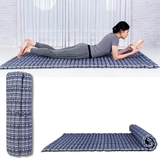 Leewadee - Kapok Roll Mat – Handcrafted Folding Sleep & Relaxation Mattress from Thailand, Ideal as Guest Bed, Camping Mat, Yoga Mat or Traditional Futon, 75 x 39 inches, Blue White