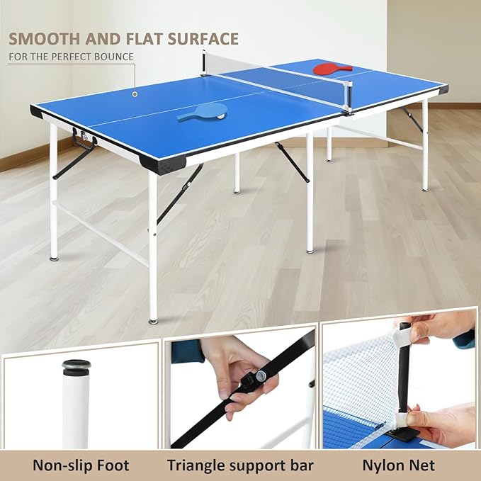 Seydrey 5.5x3ft Foldable & Portable Ping Pong Table, Folding Indoor Table Tennis w/ 2 Paddles, 2 Balls and Net