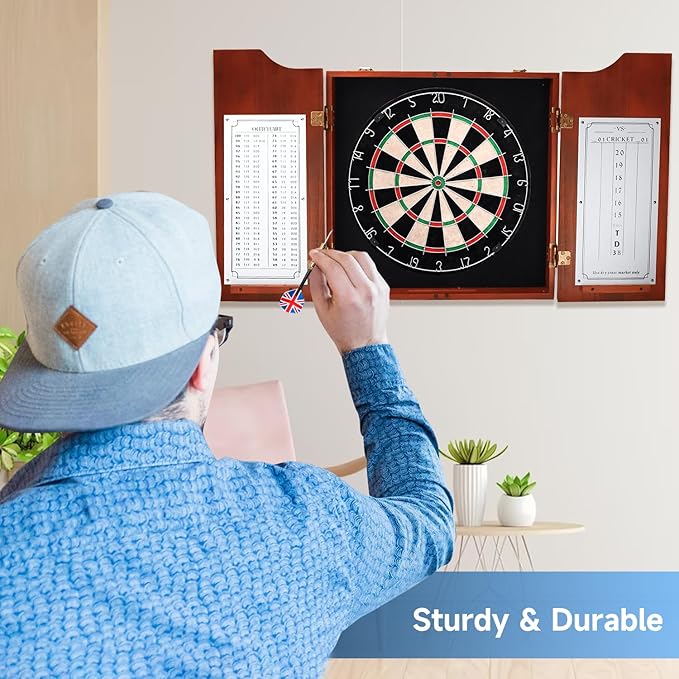 GSE Games & Sports Expert Professional Solid Wood Classic Dartboard Cabinet with Sisal/Bristle Dartboard, Scoreboard, and 6 Steel Tip Darts, Easy Assembly Complete with All Accessories (Mahogany)