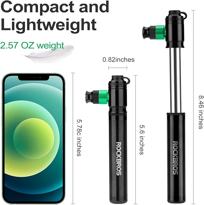 ROCKBROS Mini Bike Pump 110PSI Hand Pump and CO2 Inflator Dual Purpose Presta and Schrader Valve Compatible Bicycle Tire Pump for Road and Mountain Bikes Insulated Sleeve - No CO2 Cartridges Included