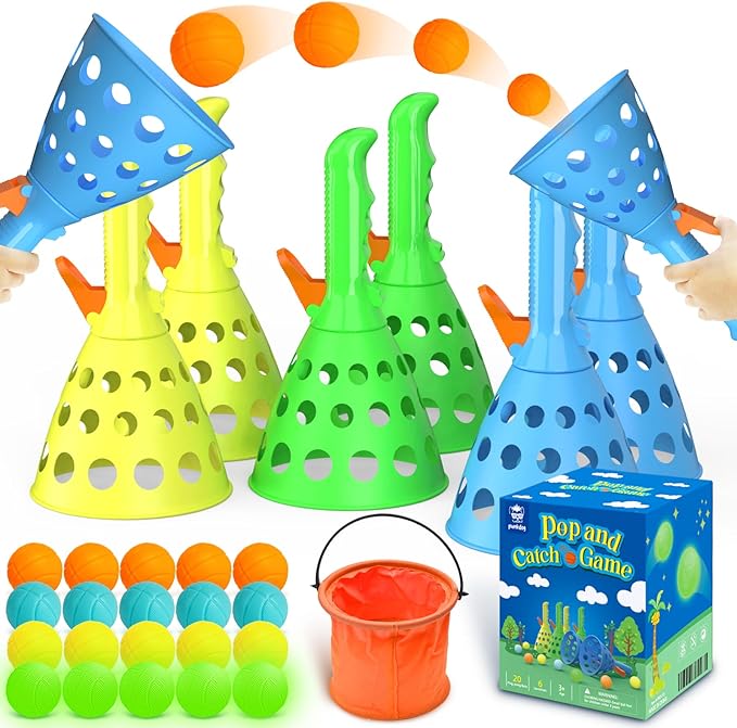 punkdog Pop and Catch Ball Game with 15 Ping Pong Balls, 5 Glow Balls and 6 Catch Launcher Baskets - Outdoor Indoor Game, Christmas Easter Party Favors Gifts Toys for Kids and Adults