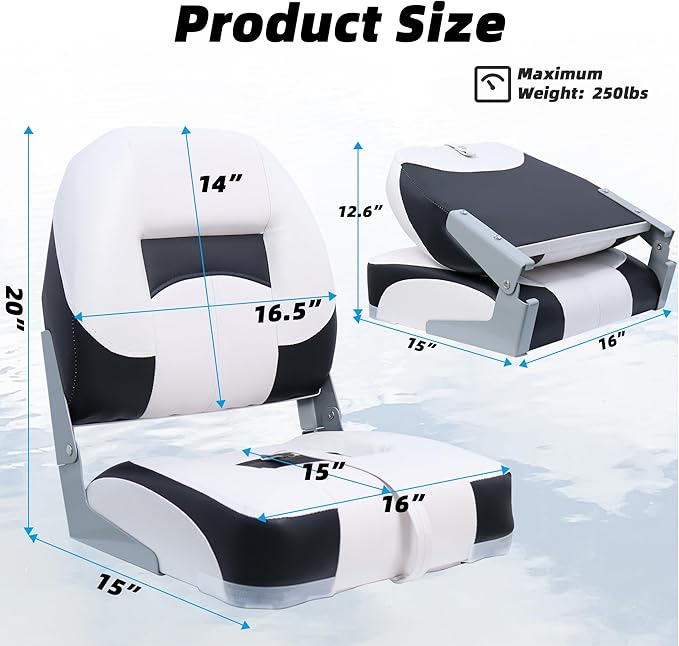 Deluxe A Pair of Marine Low Back Folding Fishing Boat Seat, Stainless Steel Screws Included, White/Black