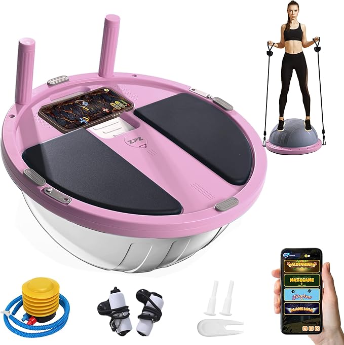 ZPZ Half Balance Ball Trainer, Compact Portable Inflatable Exercise Yoga Stability Ball with App-Based Balance Game, Pilates Resistance Bands, Foot Pump, Non-Slip Base for for Full-Body Workouts, Home Gym & Easy Storage (18.3 Inch Pink)