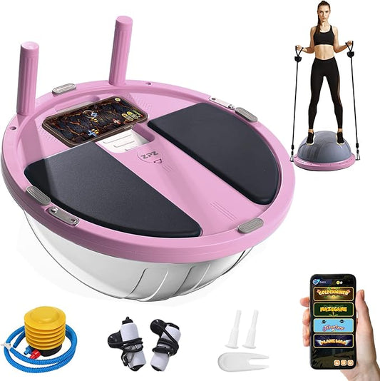 ZPZ Half Balance Ball Trainer, Compact Portable Inflatable Exercise Yoga Stability Ball with App-Based Balance Game, Pilates Resistance Bands, Foot Pump, Non-Slip Base for for Full-Body Workouts, Home Gym & Easy Storage (18.3 Inch Pink)