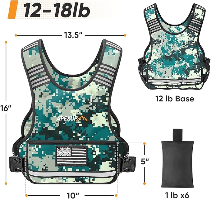 APEXUP Adjustable Weighted Vest, 4-10lb/12-18lb/20-32lb Vest with 6 Ironsand Weights and Large Pocket, Weight Vest for Men Women Strength Training, Running, Walking