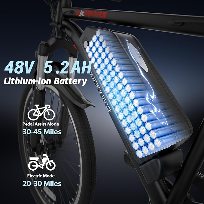 Electric Bike for Adults, 26'' Ebike, Up to 20-60 Miles 22MPH Electric Mountain Bike with 48V Removable Battery, Adjustable Stem, Fenders, Lockable Suspension Fork