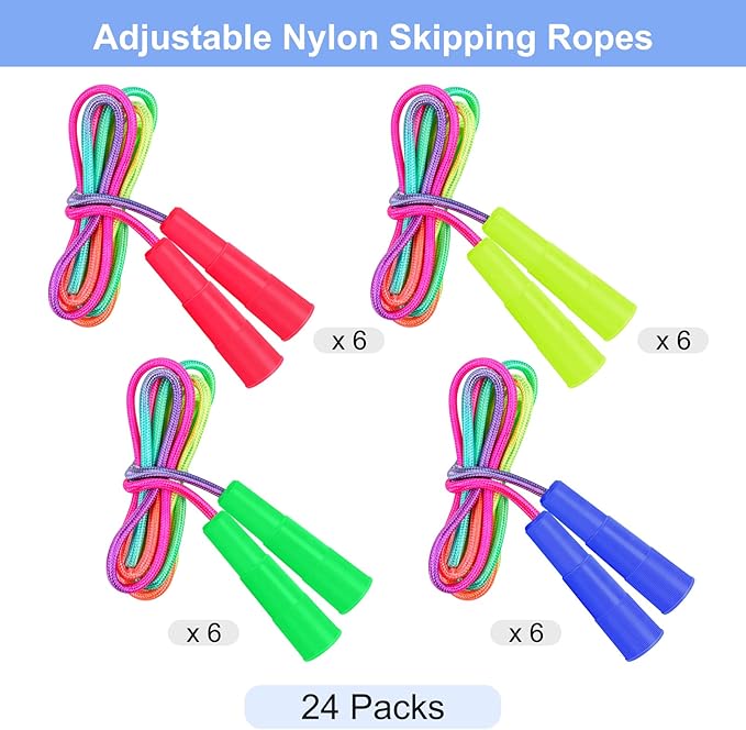 Elcoho 24 Packs Rainbow Jump Rope Set 7.2 Feet Adjustable Nylon Skipping Ropes Jumping Ropes for Outdoor Activity Party Favors School Games