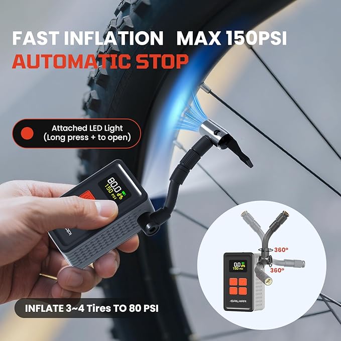 Mini Bike Tire Pump (150PSI Fast Inflation with Guage) (Presta and Schrader Valve) Portable Electric Air Pump for Road and Mountain Bicycle, E-Bike, Motorcycle, Sports Ball