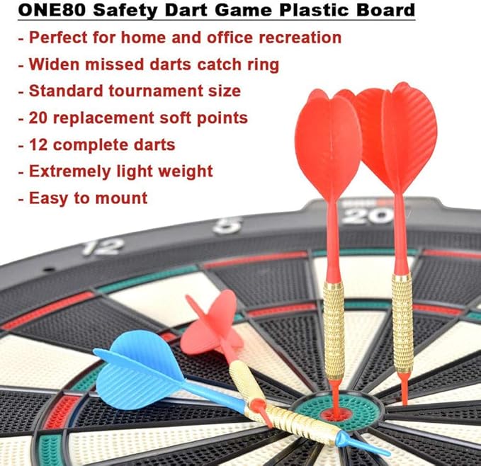 Dartboard 18' Plastic Board with 12 Soft Tip Darts, 20 Extra Tips, Mounting Kit